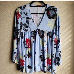 Free People Blouse Womens Medium Blue Floral Boho Flowy Office Casual Romantic